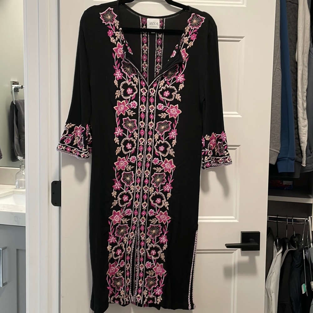 Misa Los Angeles Maye Kaftan black embroidered dress